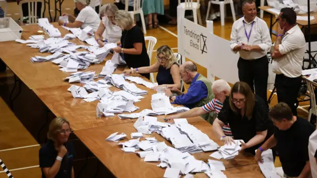 Ballot cards are counted during the Clacton by-election in Clacton-on-Sea, Britain, 14 August 2026.