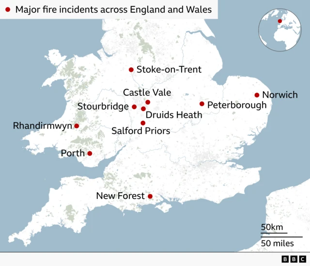 A map that shows locations of recent fires across England and Wales