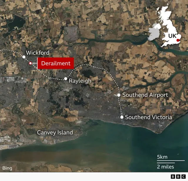 A map showing the location of the train derailment near Wickford, with the locations of train stops Rayleigh, Southend Airport and Southend Victoria also labelled.