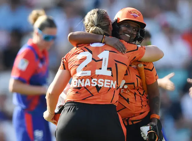 Deepti Sharma and Jess Jonassen celebrate Sunrisers Leeds' victory