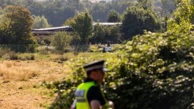 A police officer standing in a field in front of a derailed train.