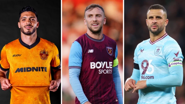 Side-by-side photos of Wolverhampton Wanderers' Raul Jimenez (left), West Ham United's Jarrod Bowen (middle) and Burnley's Kyle Walker (right)