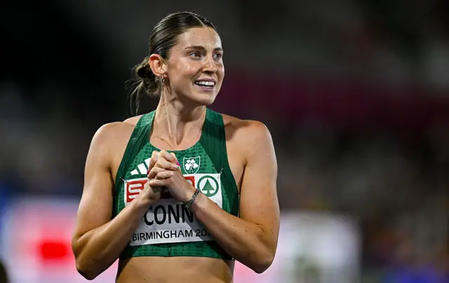 Kate O'Connor of Ireland reacts after finishing the 200m