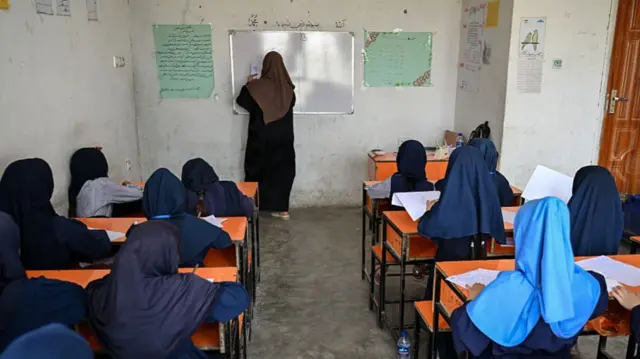 Multiple girls in Afghanistan sit in a classroom with their backs to the camera. A woman is writing something on the whiteboard.