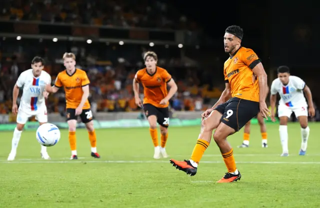 Raul Jimenez scores his penalty for Wolves v Blackburn