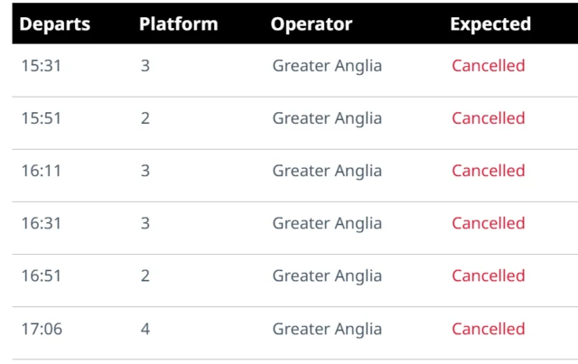 A list of cancelled train journeys on the Greater Anglia website