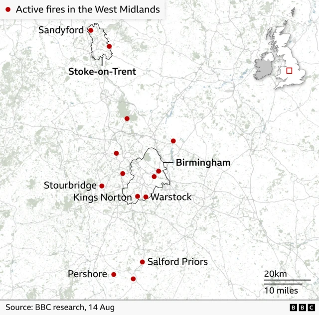 A map of the West Midlands showing red spots which represent the location of fires