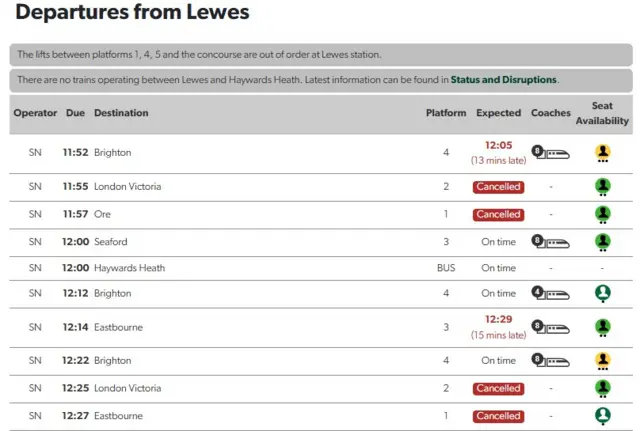 The departure board at Lewes station.