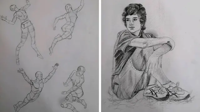 Two pencil sketches side by side, showing a young girl sitting on the ground, and figures playing sports.