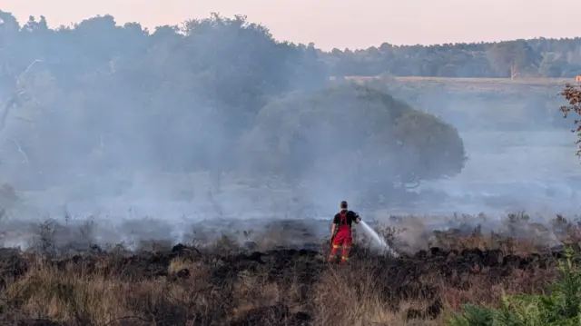 Firefighter hosing a charred, smoking field.