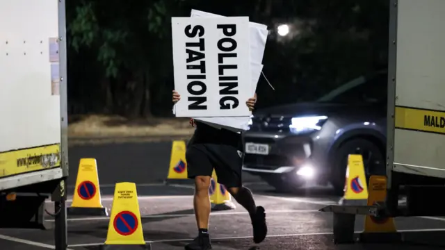 A man holding polling station signs