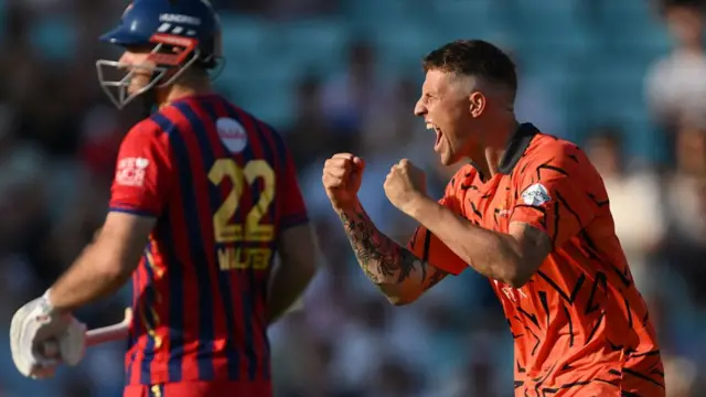 Brydon Carse celebrates taking a wicket