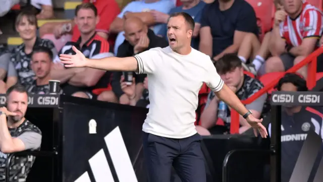Chris Davies holds his arms out wide while standing in the dugout