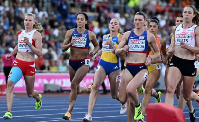 Austria's Verena Mayr, Great Britain's Jade O'Dowda, Sweden's Lovisa Karlsson and Great Britain's Katarina Johnson-Thompson in action
