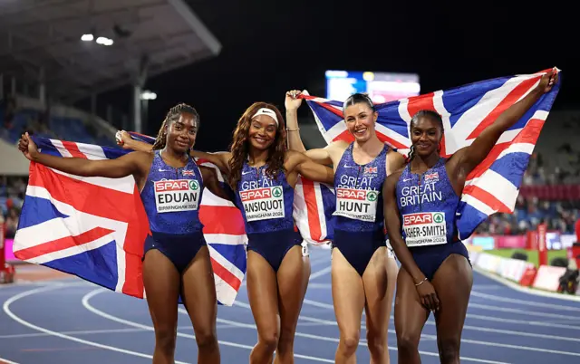 Success Eduan, Imani Lansiquot, Amy Hunt and Dina Asher-Smith of Team Great Britain