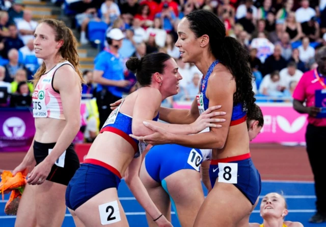Katarina Johnson-Thompson and Jade O'Dowda of Great Britain