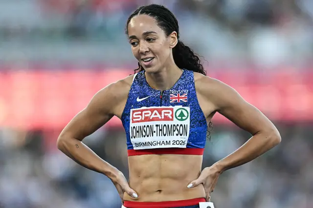Britain's Katarina Johnson-Thompson reacts after competing in the women's heptathlon 800m