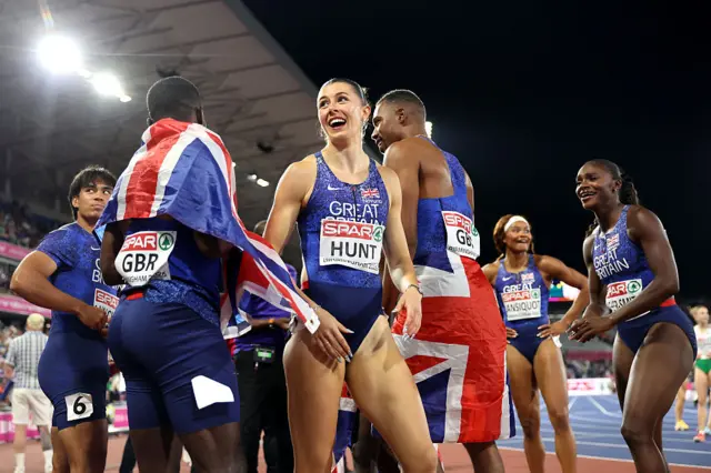 Amy Hunt celebrates 4x100m success
