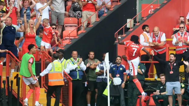 Tyreece Campbell celebrates for Charlton v Derby