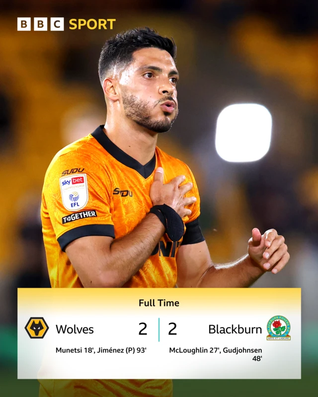 Raul Jimenez celebrates above the score line Wolves 2-2 Blackburn