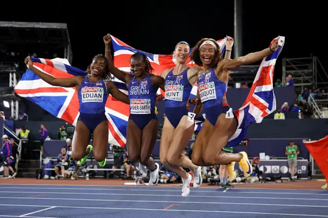 Gold medalists Success Eduan, Dina Asher-Smith, Amy Hunt and Imani Lansiquot of Team Great Britain jump