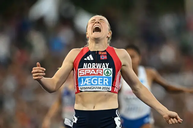 Norway's Henriette Jaeger celebrates as she crosses the finish line to win the women's 400m final