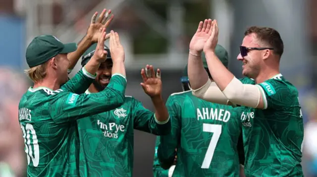 Liam Patterson-White celebrates the wicket of Stephen Eskinazi