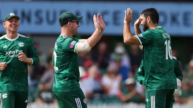 Notts celebrate Brett Hutton's opening wicket