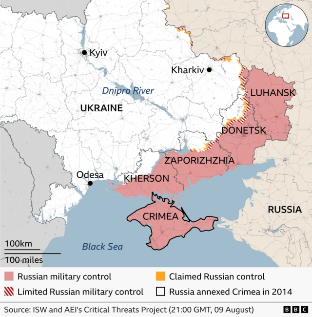 Map focusing on southern and eastern Ukraine, highlighting Russian military control. Pink shading covers Crimea and stretches across Kherson, Zaporizhzhia, Donetsk and Luhansk regions. A narrow band of red diagonal stripes marks the active front line, with small orange pockets showing claimed control. The Dnipro River and cities such as Kyiv, Kharkiv and Odesa are labelled for reference.