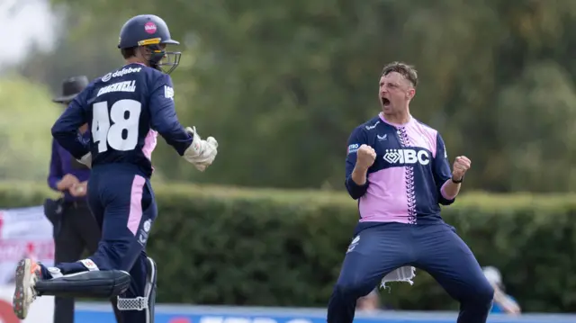 Luke Hollman celebrates the wicket of David Bedingham
