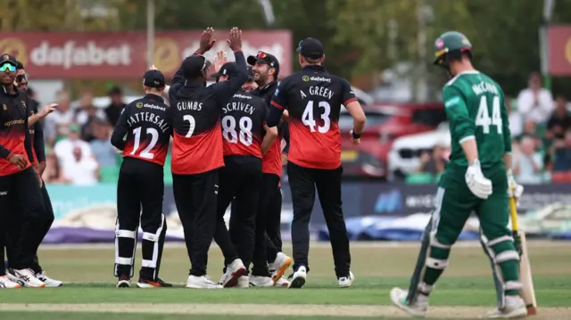 Leicestershire celebrate Freddie McCann's run-out