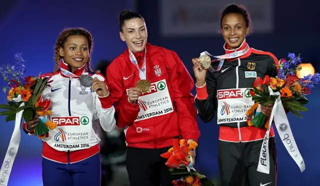 Women's Long Jump silver medalist Jazmin Sawyers (L) of England, gold medalist Ivana Spanovic (C) of Serbia and the bronze medalist Malaika Mihambo