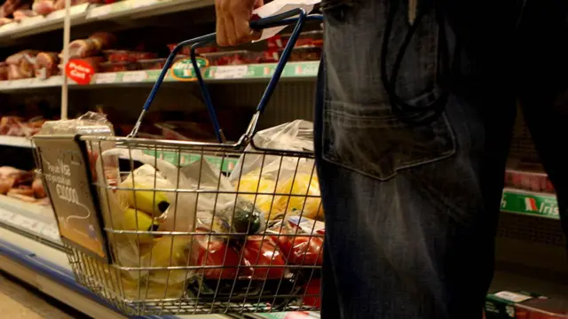 A man holding a shopping basket in a supermarket.