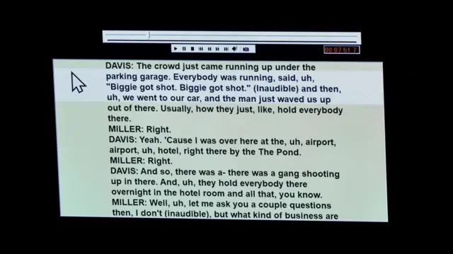 A recording of an interview with Duane Davis and Los Angeles Police Department detectives is played during the Duane Davis murder trial, related to the 1996 killing of rapper Tupac Shakur, at Clark County District Court Regional Justice Center in Las Vegas, Nevada, U.S., Monday, August 17, 2026. The interview was conducted after the 1997 killing of Notorious B.I.G. (Christopher Wallace), also known as Biggie Smalls.