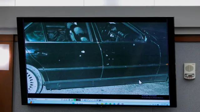 A 1996 photo of the car that rapper Tupac Shakur was riding in when he was shot is displayed during the Duane Davis murder trial, related to the 1996 killing of the rapper, at Clark County District Court Regional Justice Center in Las Vegas, Nevada, U.S., Monday, August 17, 2026.