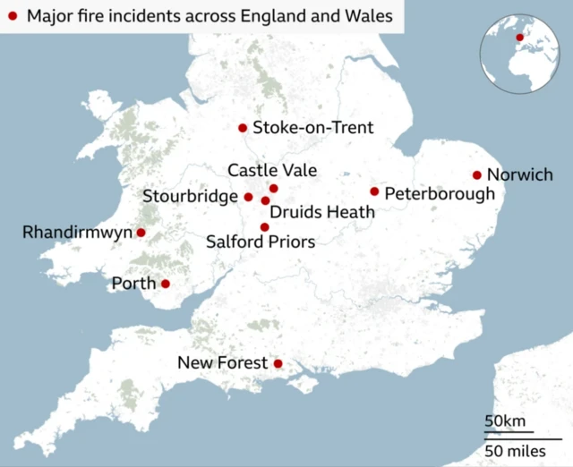 A map of England and Wales with a number of locations highlighted with red dots