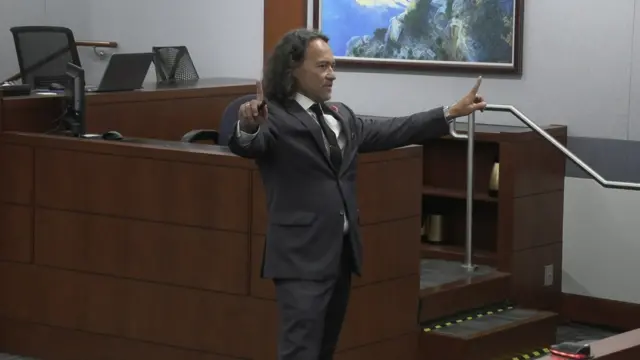 A man with long hair and a suit gesturing in court.