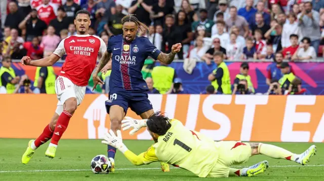 Bradley Barcola playing for Paris St-Germain against Arsenal in the Champions League final