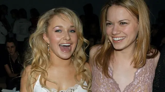 Hayden Panettiere and Bethany Joy Lenz during Olympus Fashion Week Fall 2005, Front Row at The Plaza, Bryant Park in New York City