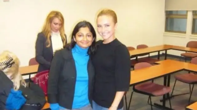 Rajini Vaidyanathan and Hayden Panettiere in a school classroom