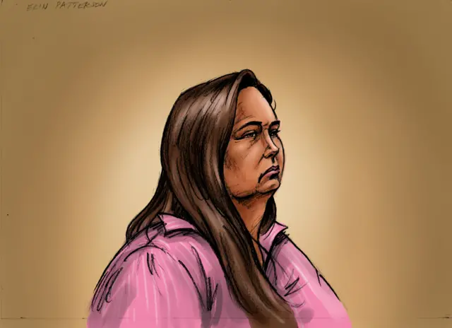 A courtroom sketch of Erin Patterson in a purple shirt