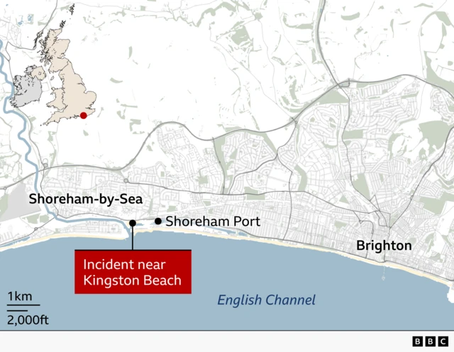 A map showing Shoreham-by-sea, Shoreham Port, Kingston Beach and Brighton.