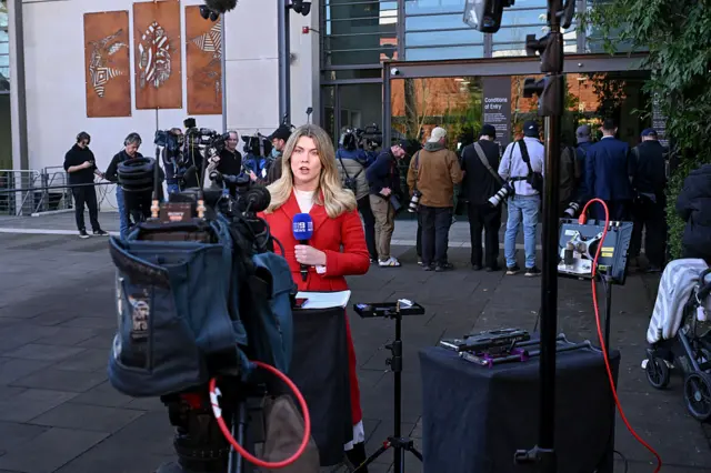 A media pack is seen outside the courthouse in Morwell on the day Erin Patterson was convicted