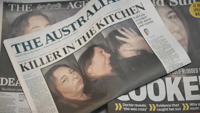 A newspaper with three different pictures of Erin Patterson on the front page alongside the headline 'Killer in the kitchen'