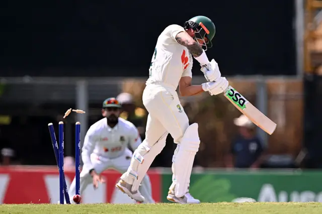 Australia's Jake Weatherald is bowled in Test against Bangladesh