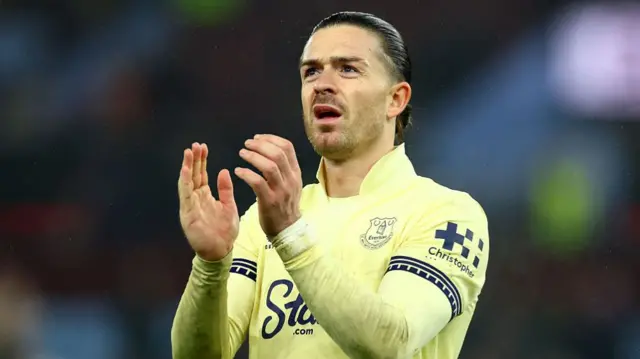 Jack Grealish of Everton applauds the supporters at full-time