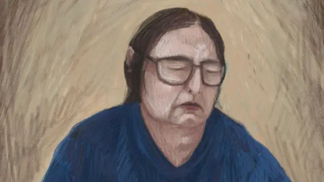 A courtroom sketch shows Erin Patterson in a blue shirt and spectacles. She appears to be frowning.