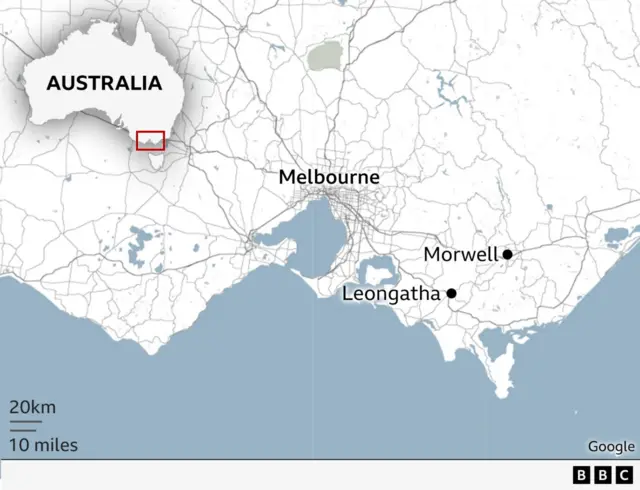 A map showing Morwell, Leongatha and Melbourne in Victoria