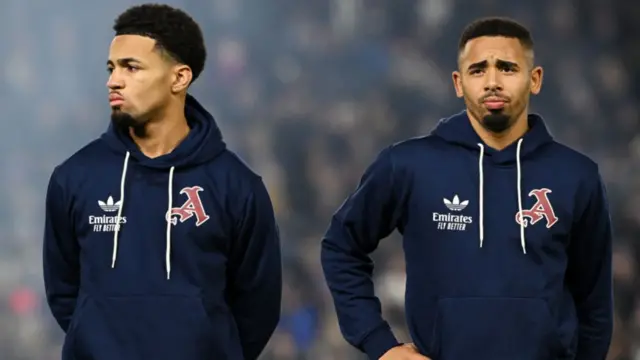Ethan Nwaneri and Gabriel Jesus of Arsenal line up