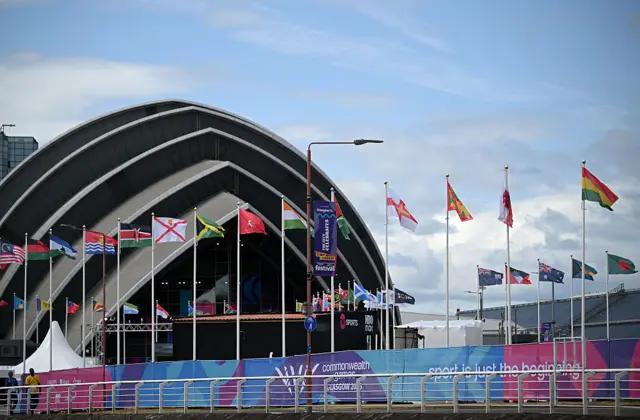 A general view as flags are seen outside The SEC Armadillo